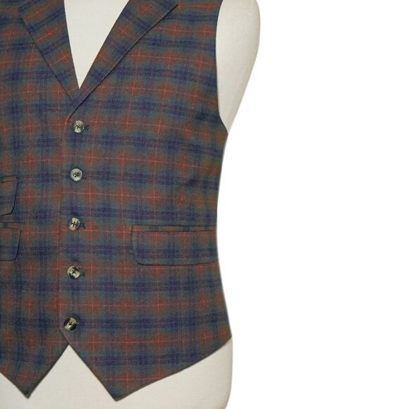 Mens Wool Plaid Vest 46R Brown Blue Green Check Waistcoat Formal Casual Preppy - Picture 5 of 8